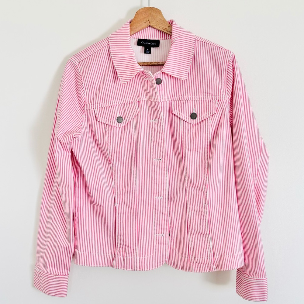 Charter Club Pink & White Striped Denim Jacket
